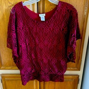 Brittany Black Burgundy eyelet Blouse with Scoop Neckline and Short Sleeves